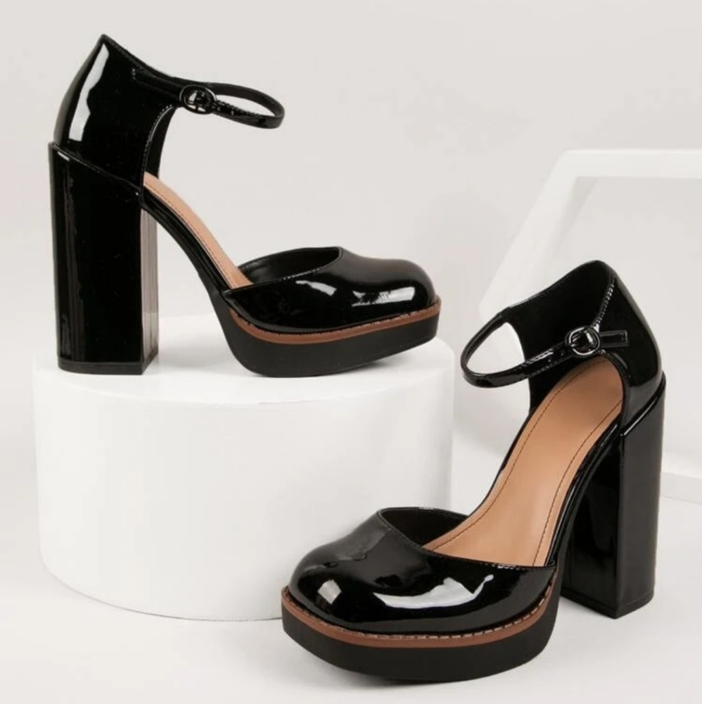 Faux Patent Leather Ankle Strap Platform Block heels